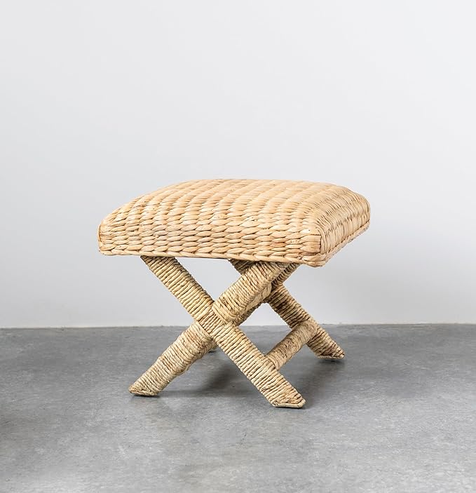 Woven Water Hyacinth and Wood Stool