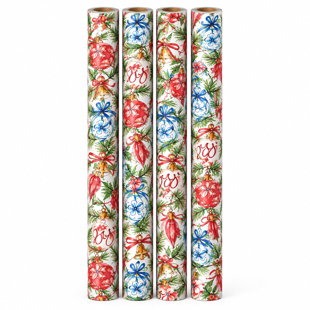 Blue, Red and Pink Vintage Hanging Ornaments on Branches Pattern Wrapping Paper