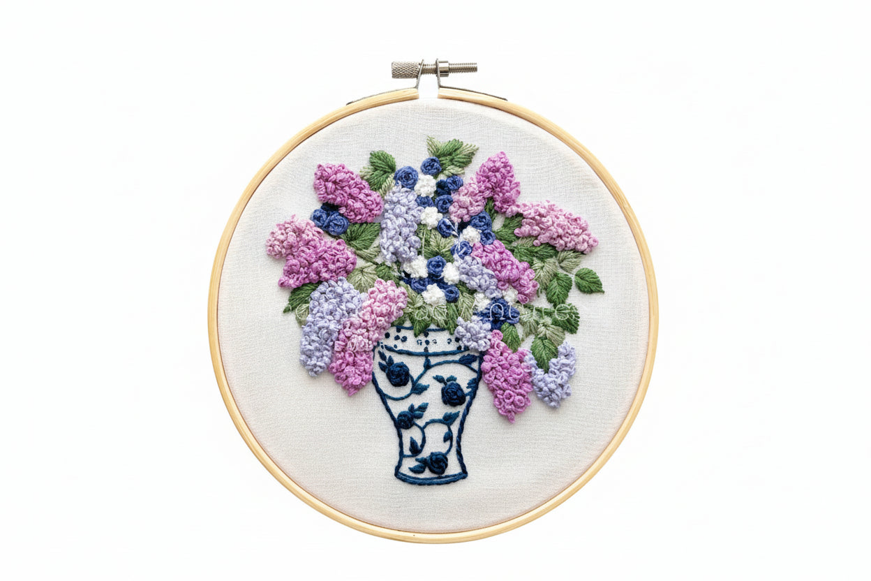 Hand Embroidery Kit - Periwinkle Lilacs in Ginger Jar
