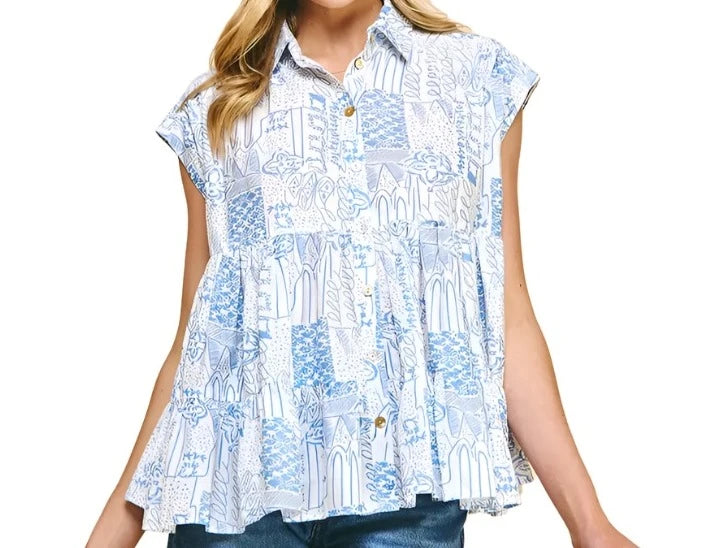 Button Down Tiered Loose Fit Top - Blue Print