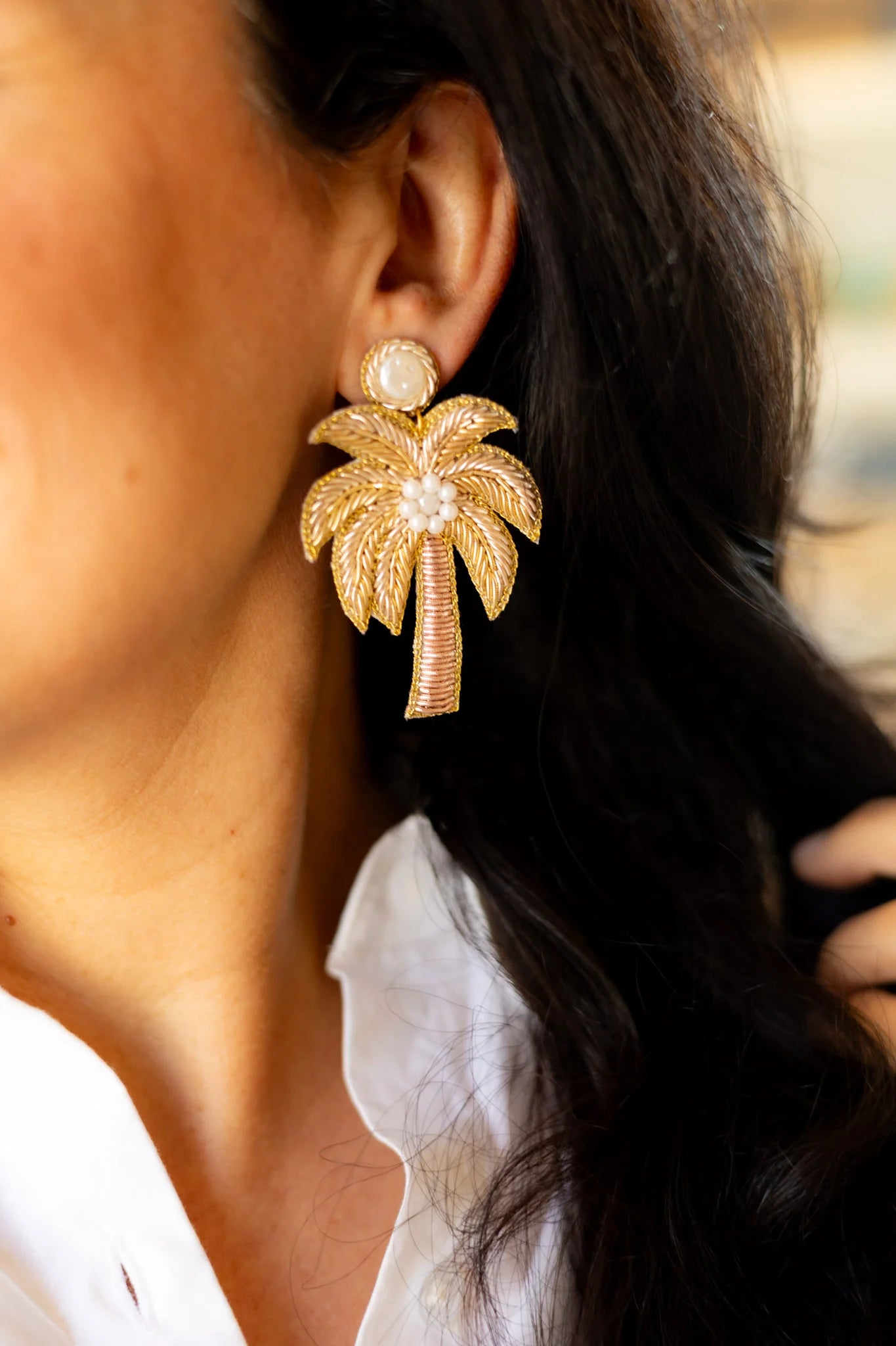 Gold Palm Tree Beaded Earrings