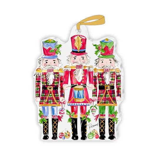 Acrylic Ornament Handpainted Red and Green Plaid Nutcracker Trio with Holly