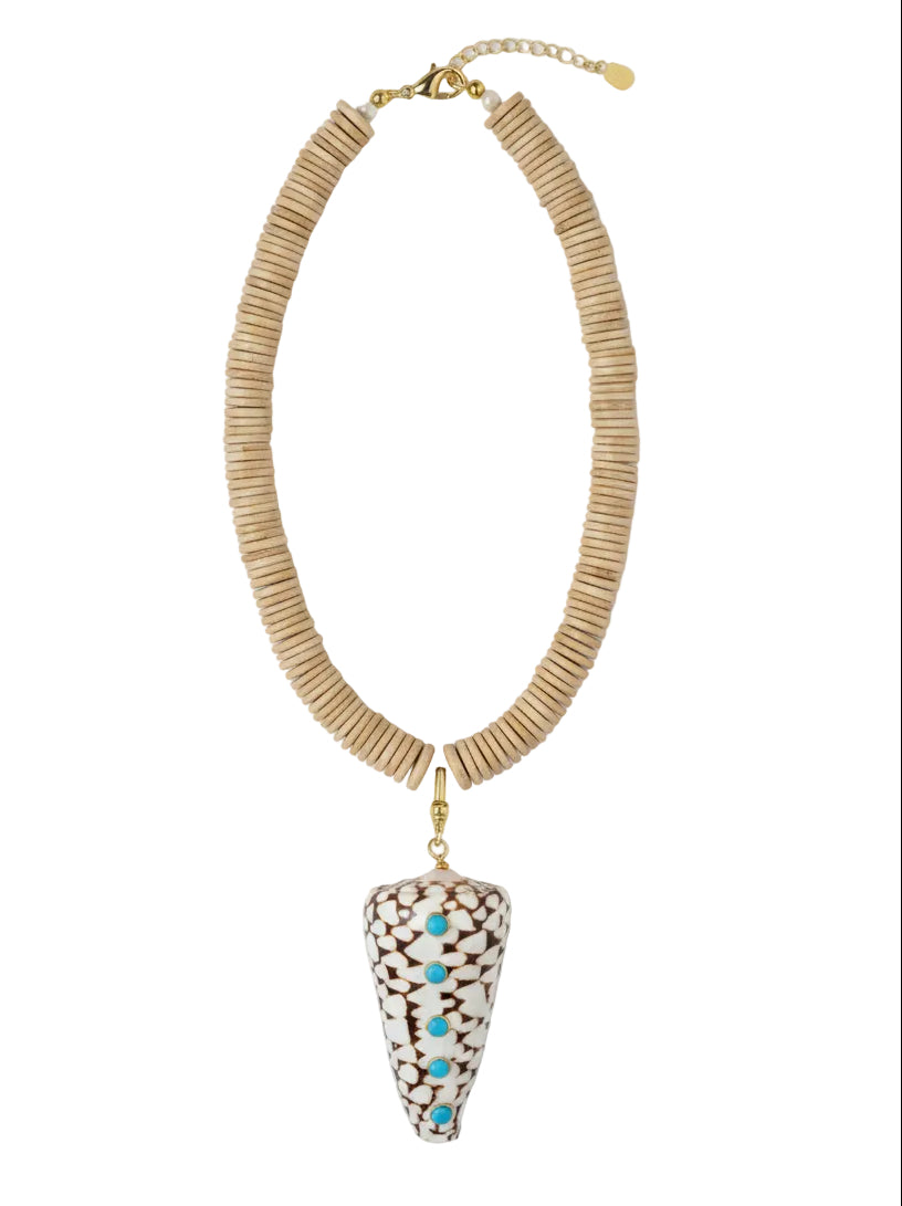 Coconut Shell Bead Necklace w Cone Pendant