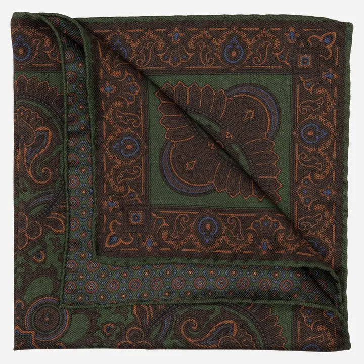 Lario - Double Sided Silk Pocket Square - Green & Brown