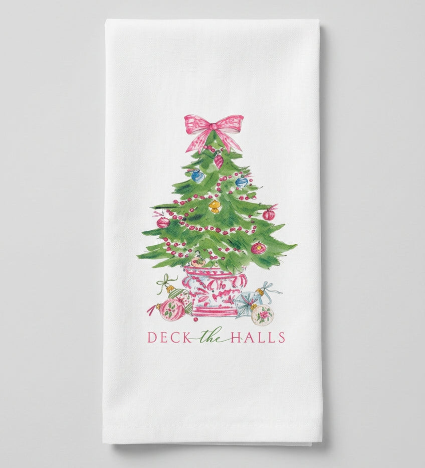 Kitchen Towel - Deck the Halls Christmas Tree in Pink Chinoiserie Pot