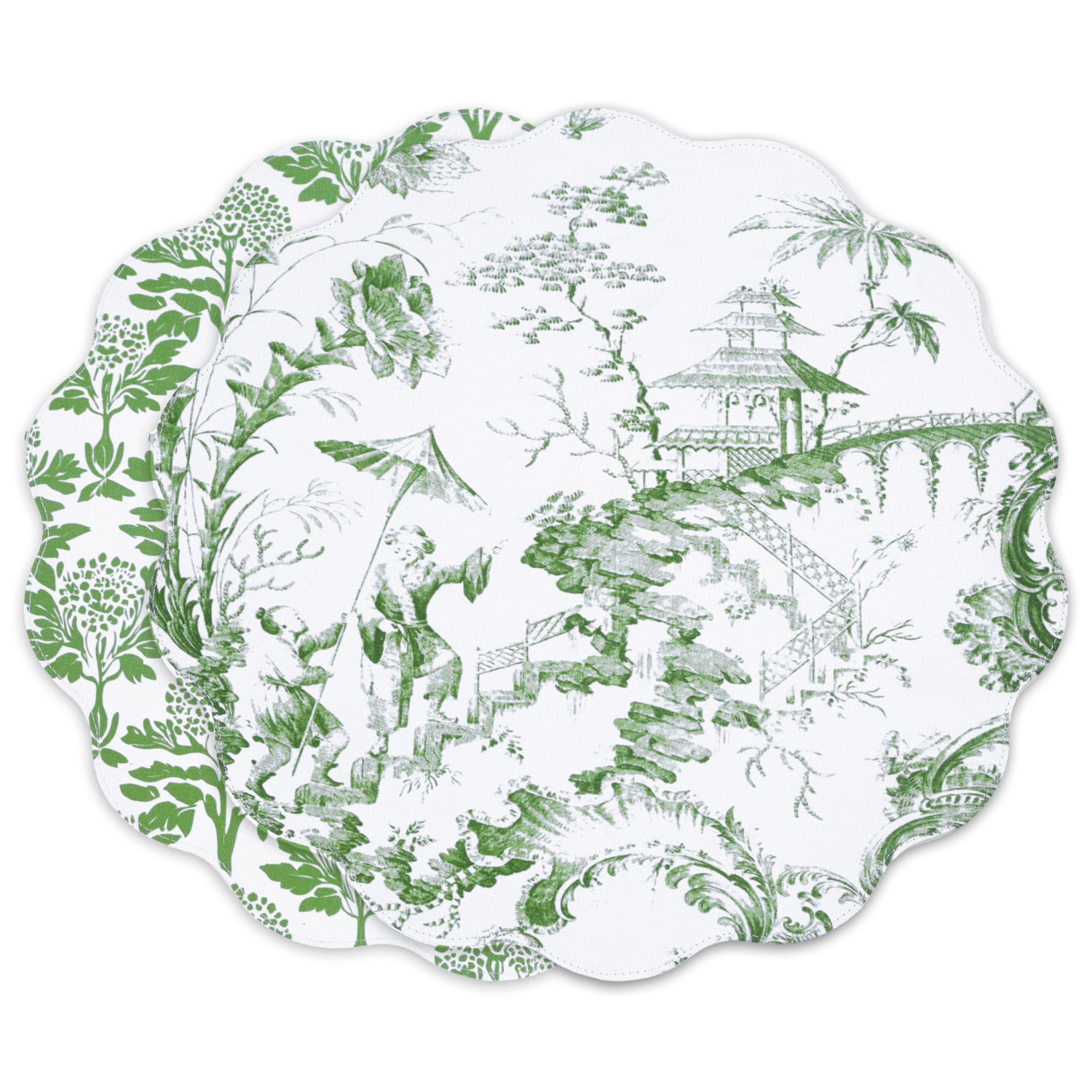 Chinoiserie Reversible Round Placemats Set of 4 - Green and White