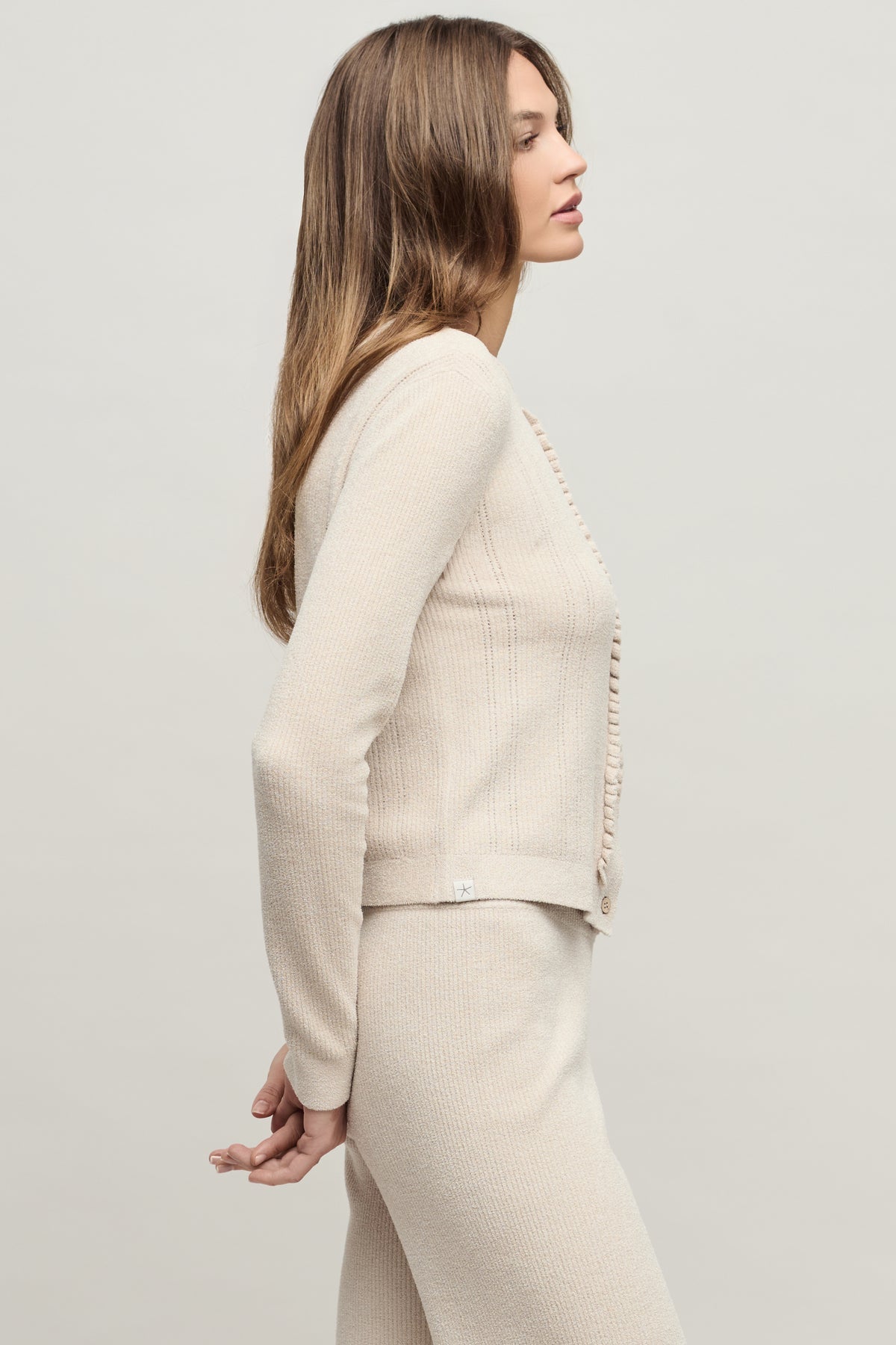 Barefoot Dreams CozyChic Ultra Lite® Pointelle Rib Ruffle Front Cardigan - Stone