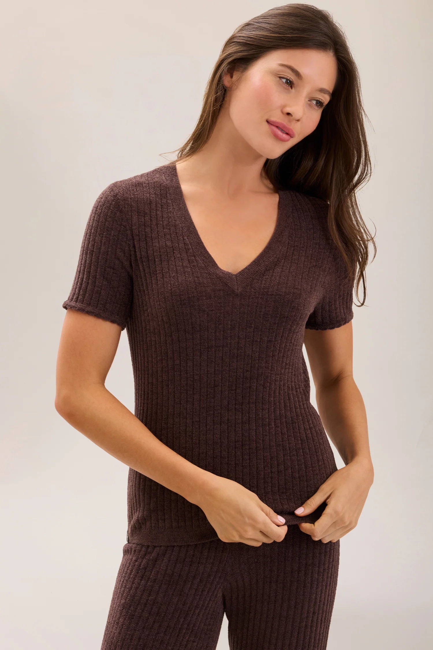 Barefoot Dreams Scallop Rib Short Sleeve - Umber