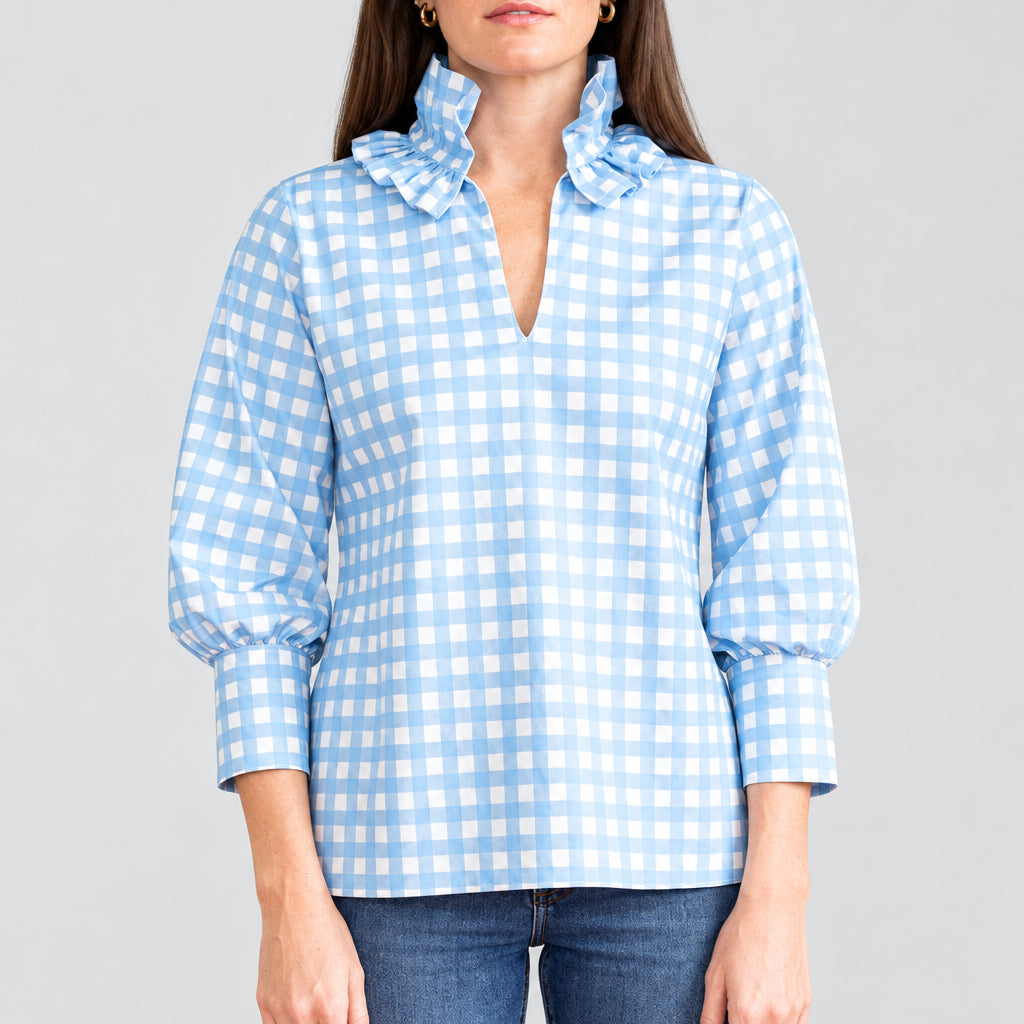 House of MBR Blue Gingham Harper Top