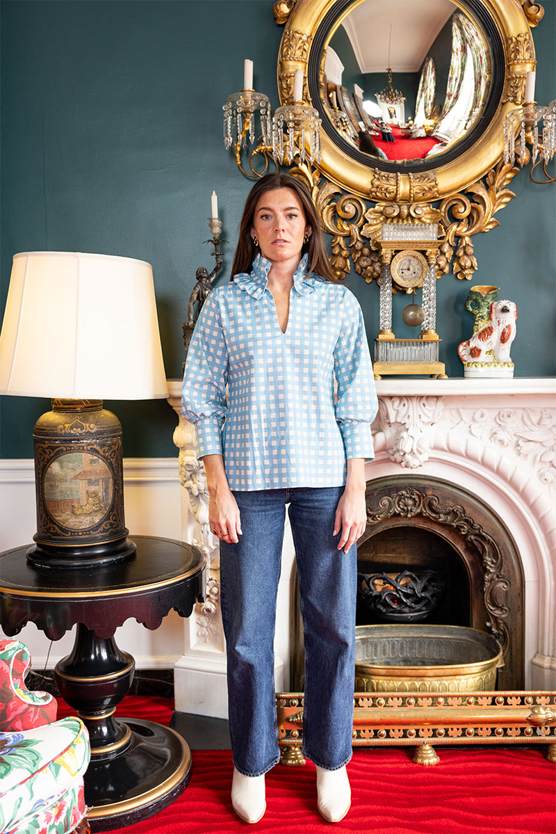 House of MBR Blue Gingham Harper Estate Top