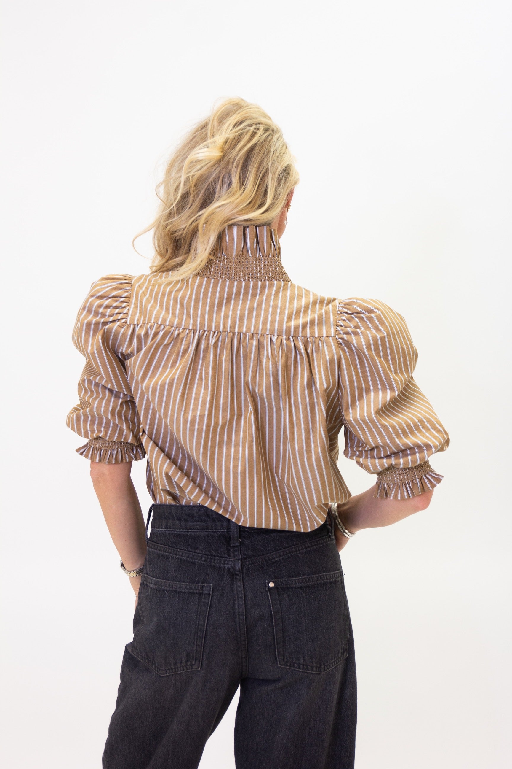 Stripe Ruffle Front Top - Tan