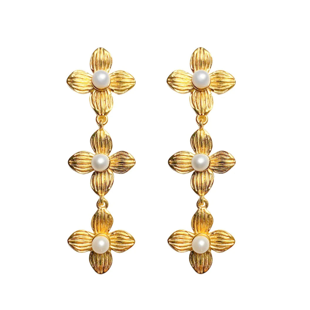 Bloom Gold & Pearl Triple Earrings