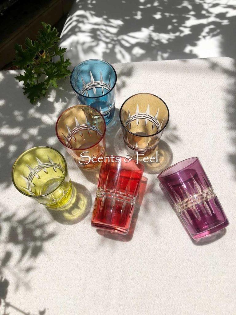 Assorted Tea Glasses Carved Crystal Design  -  Set of 6