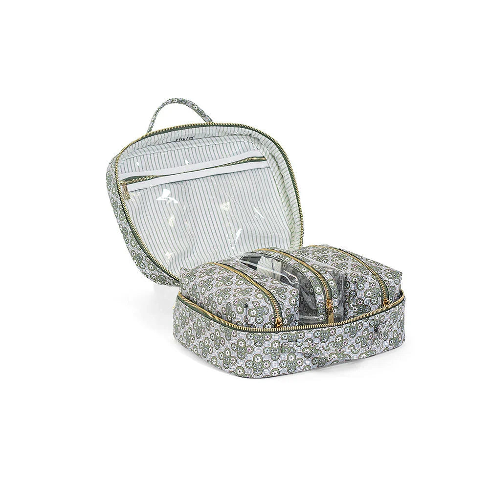 Luxe Cosmetic Toiletry Case Surrey with Green Pinstripe Liner