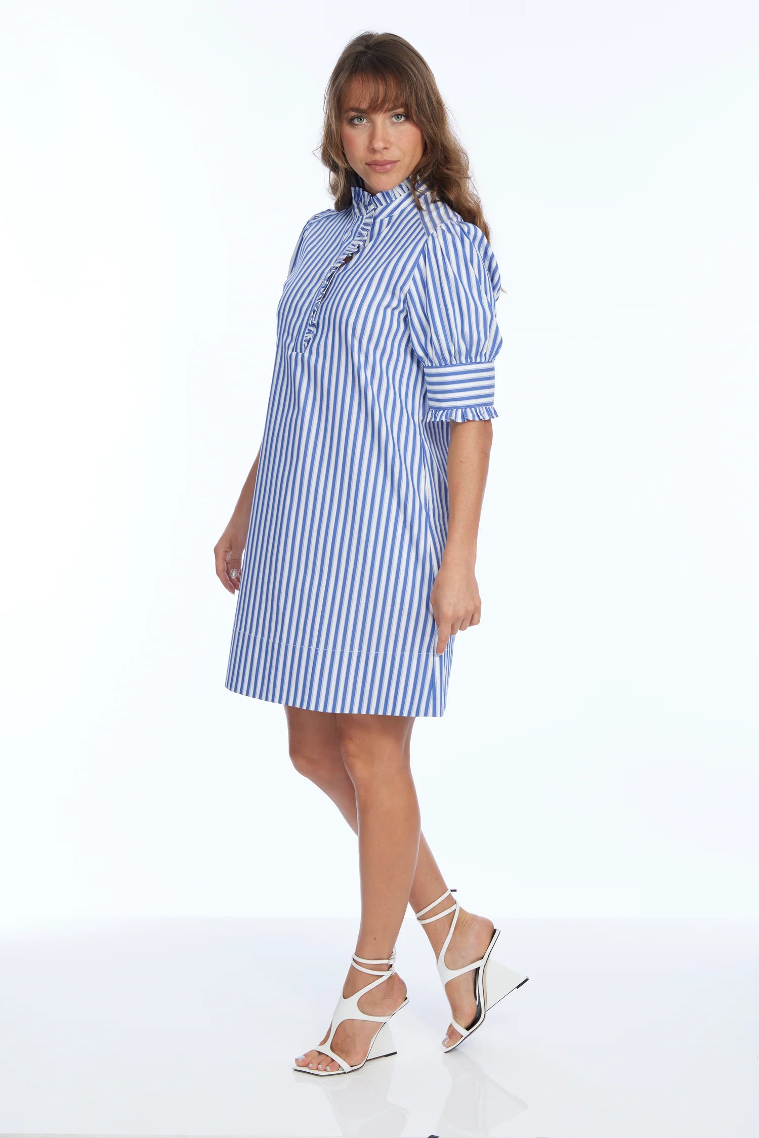 Ruffle Stripe Dress - Blue/White