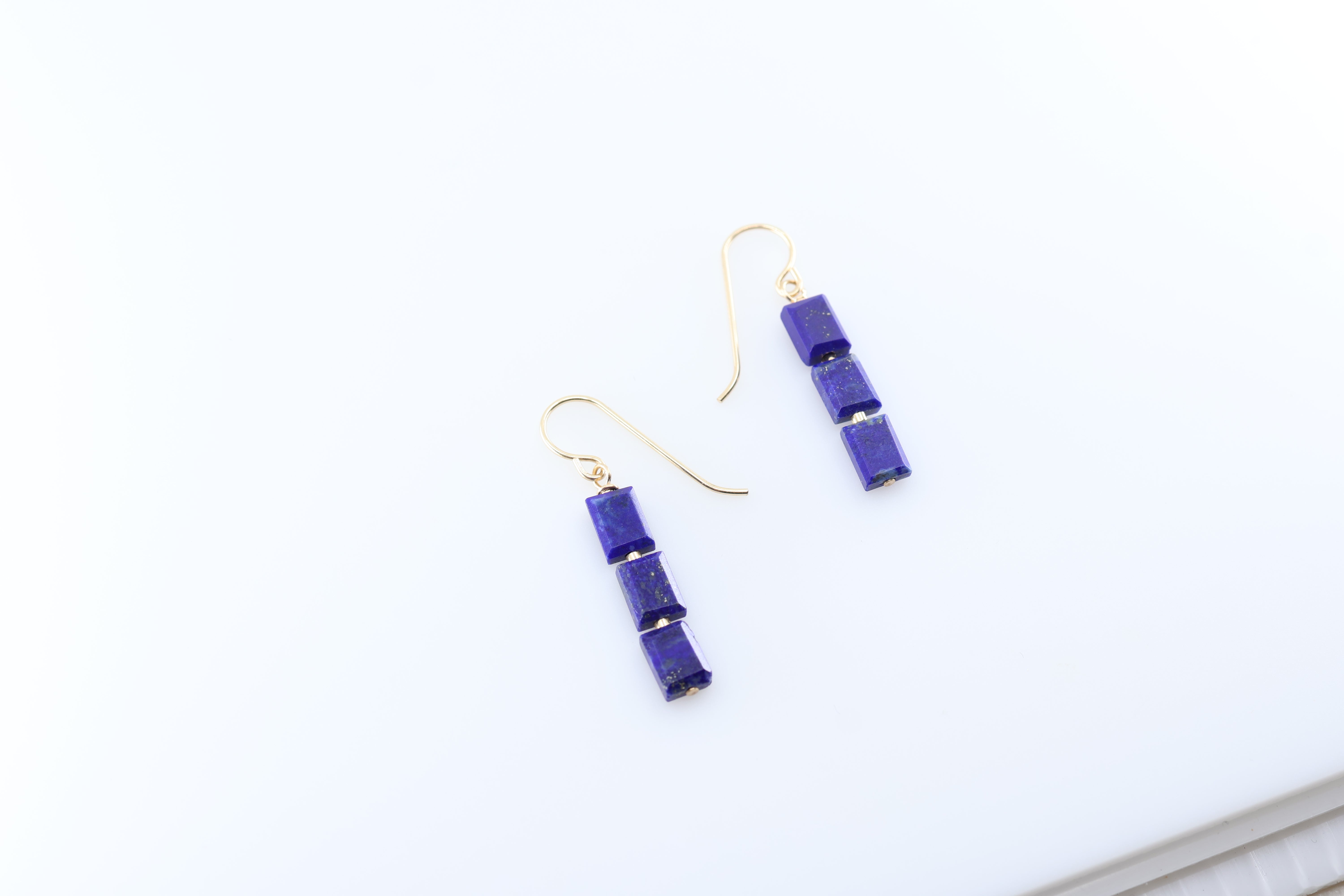 3 Faceted Lapis Lazuli  Rectangle Earrings 14k gf
