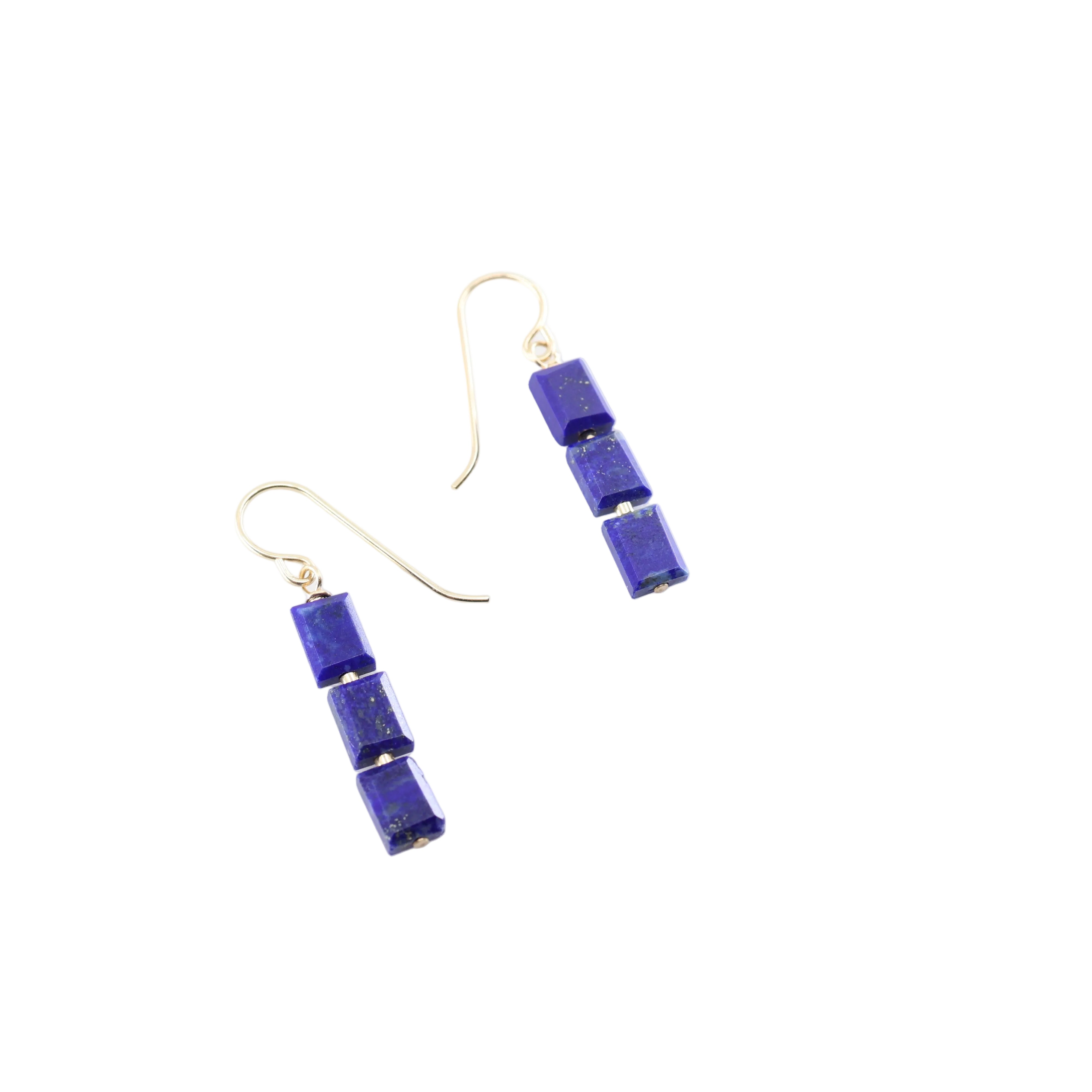 3 Faceted Lapis Lazuli  Rectangle Earrings 14k gf
