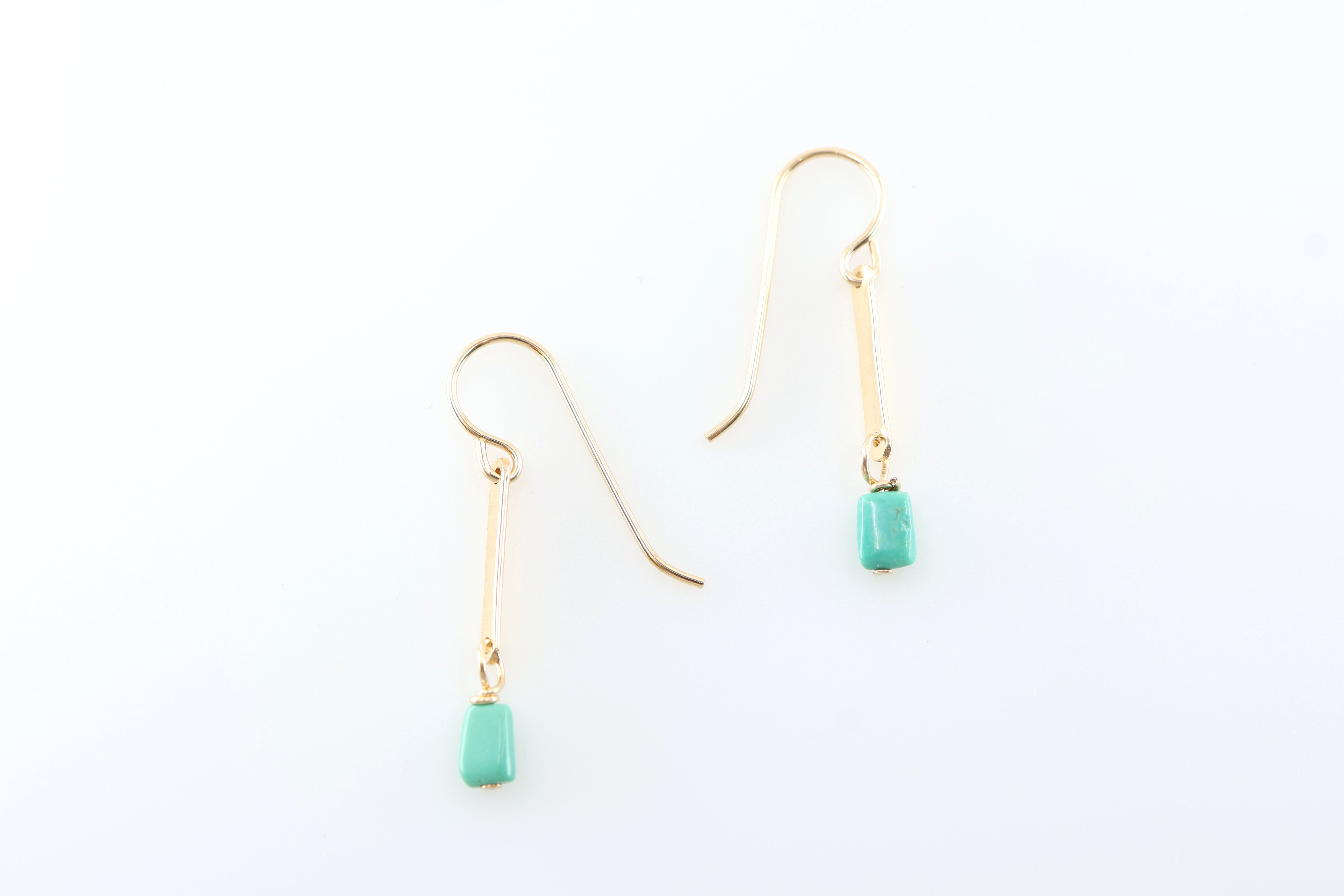 J. Mills Earrings - 1/2 Forged 14k GF Vertical Bar with Small Turquoise Rectangle Drop