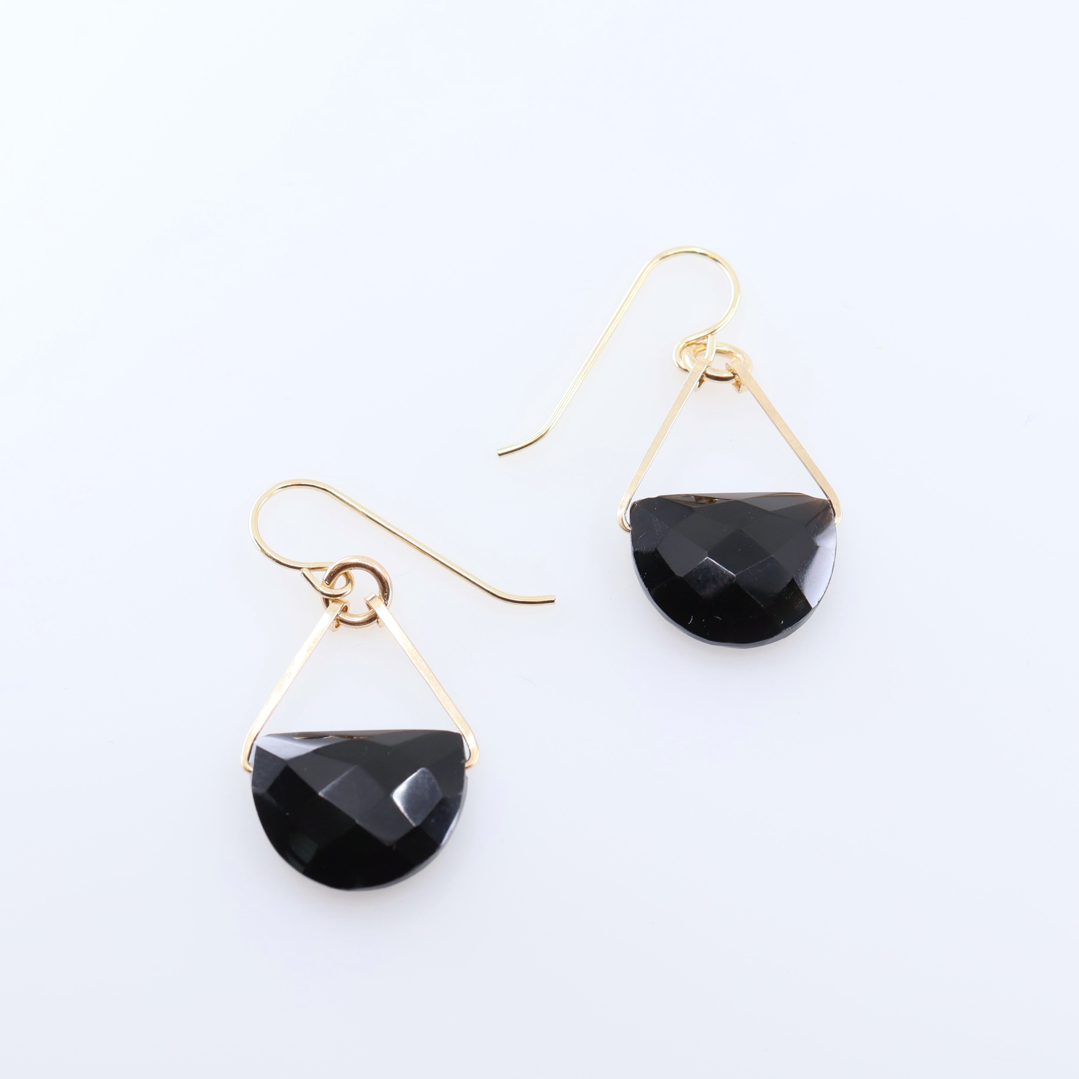 J. Mills Earrings Half Moon Faceted Black Onyx Drop on 14k GF Wire Pendant