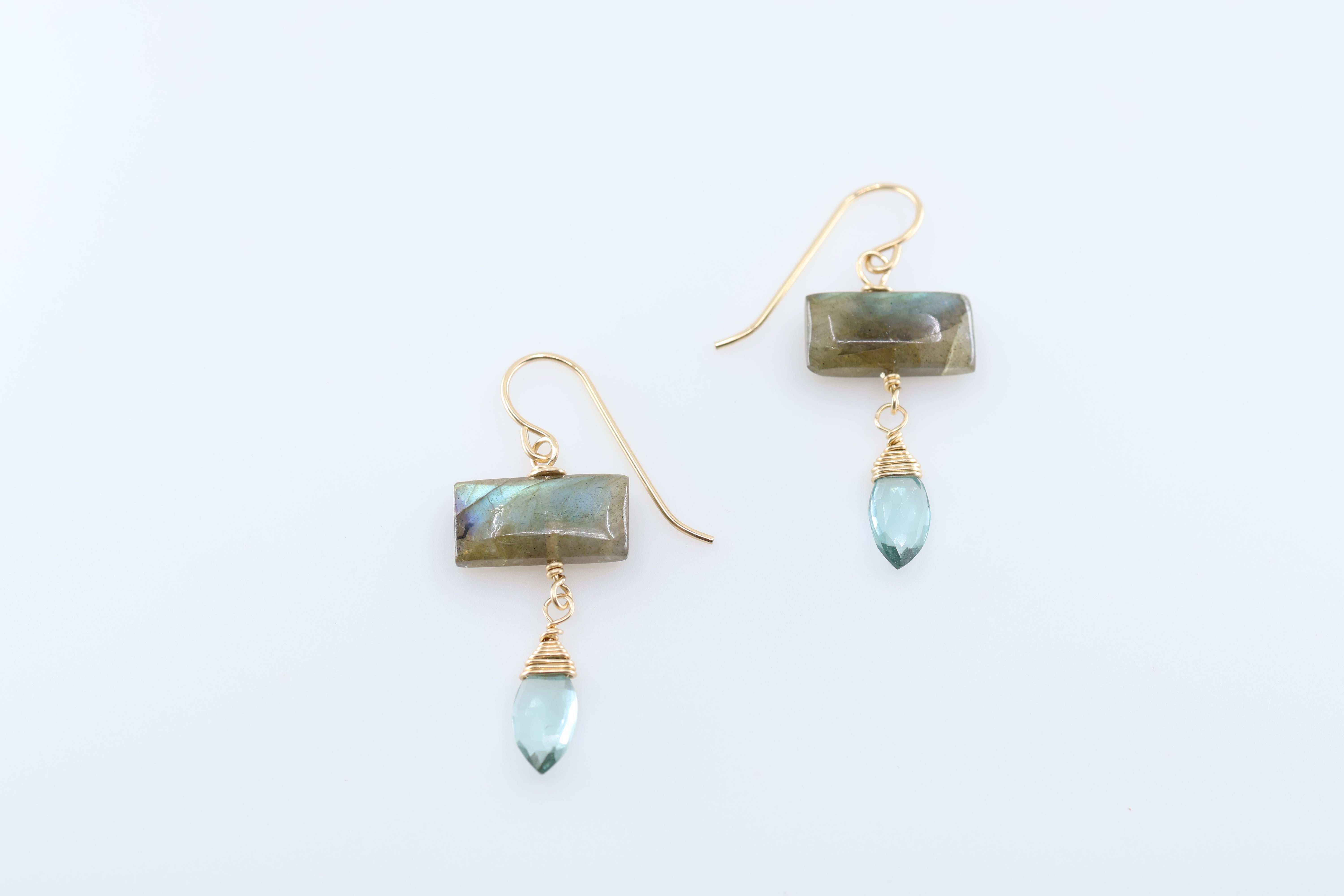 Rectangle Labradorite Gemstone with Aquamarine Marquis Drop Earrings