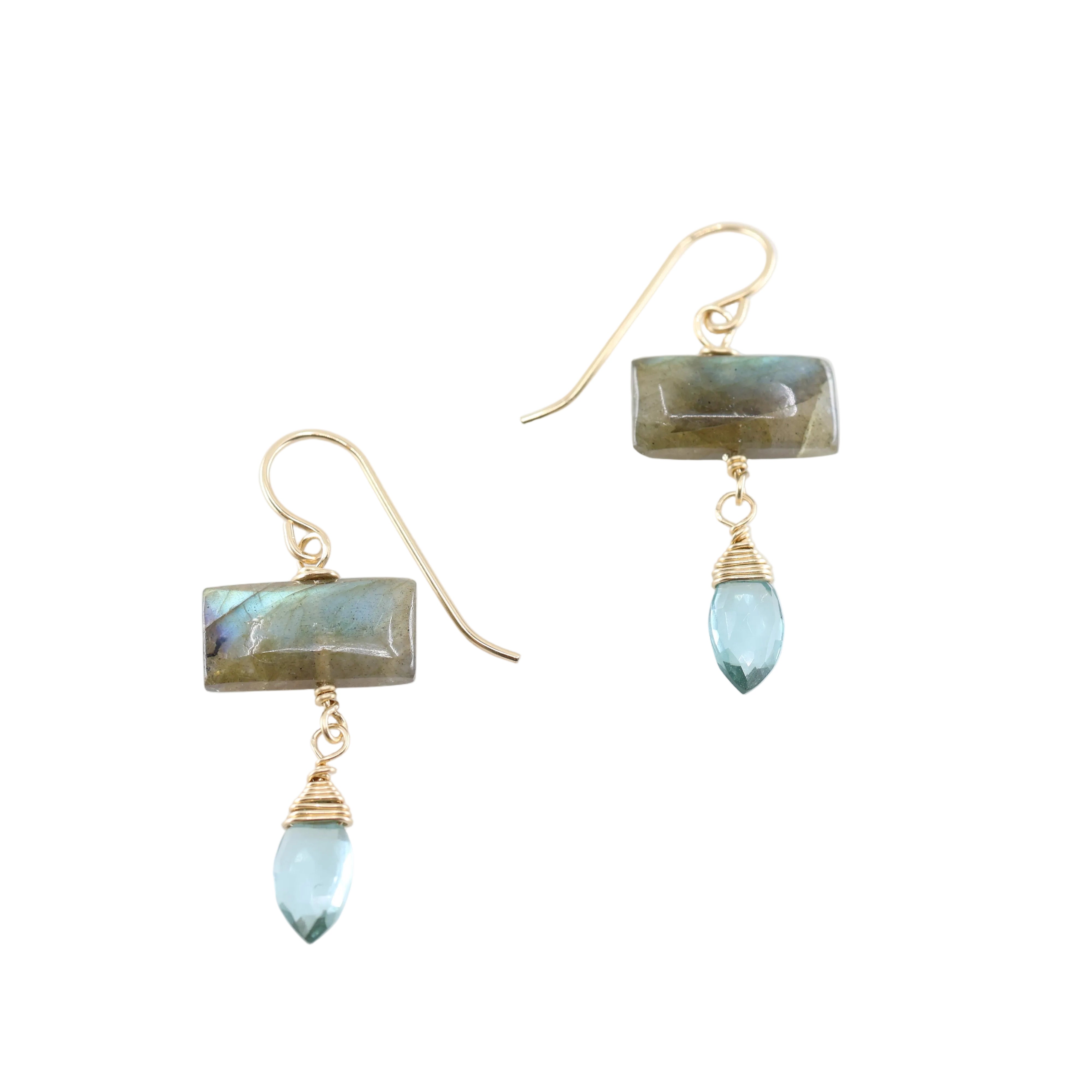 Rectangle Labradorite Gemstone with Aquamarine Marquis Drop Earrings