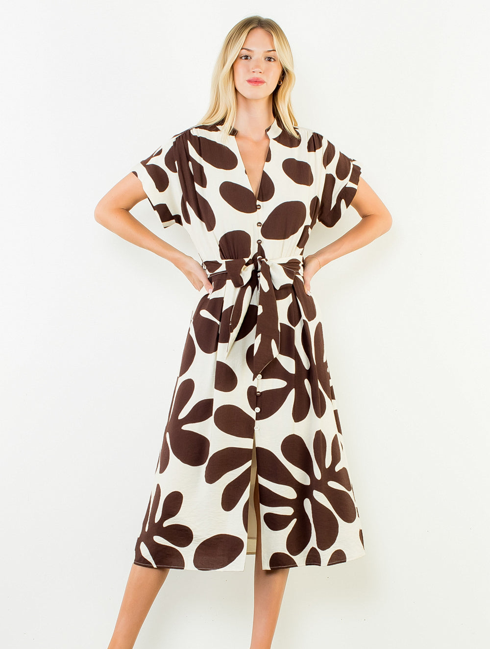 Midi Dress with Tie Waist | Brown