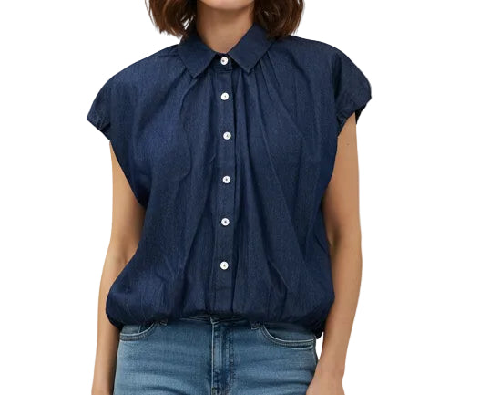 Sleeveless Denim Button Up Top with Bubble Hem