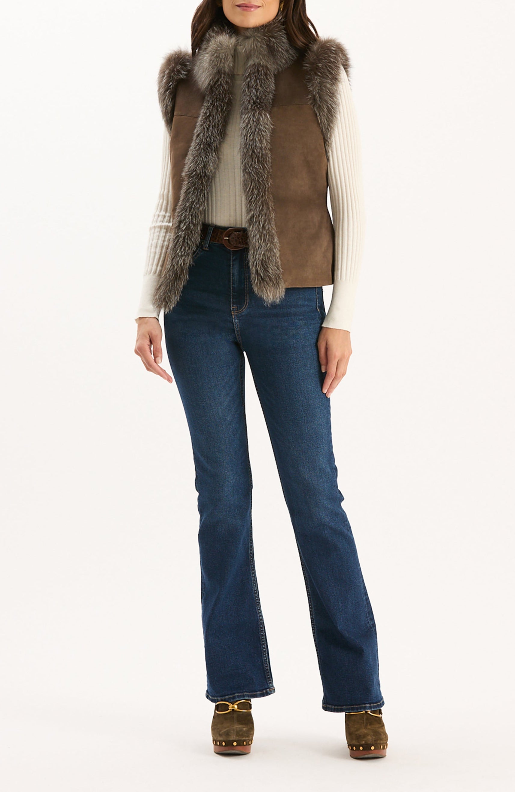 TYLER BÖE Foxy Suede Vest with Racoon Trim