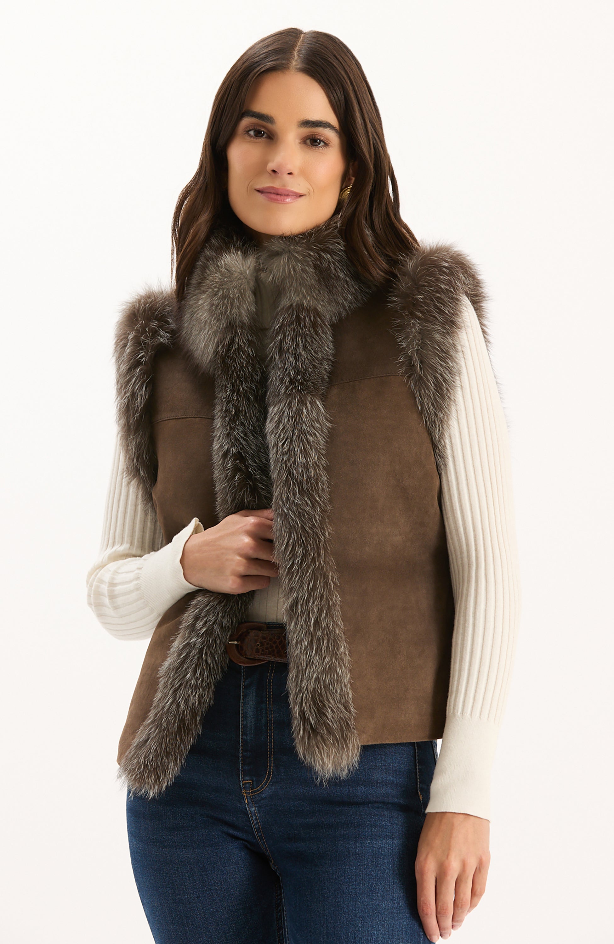 TYLER BÖE Foxy Suede Vest with Racoon Trim