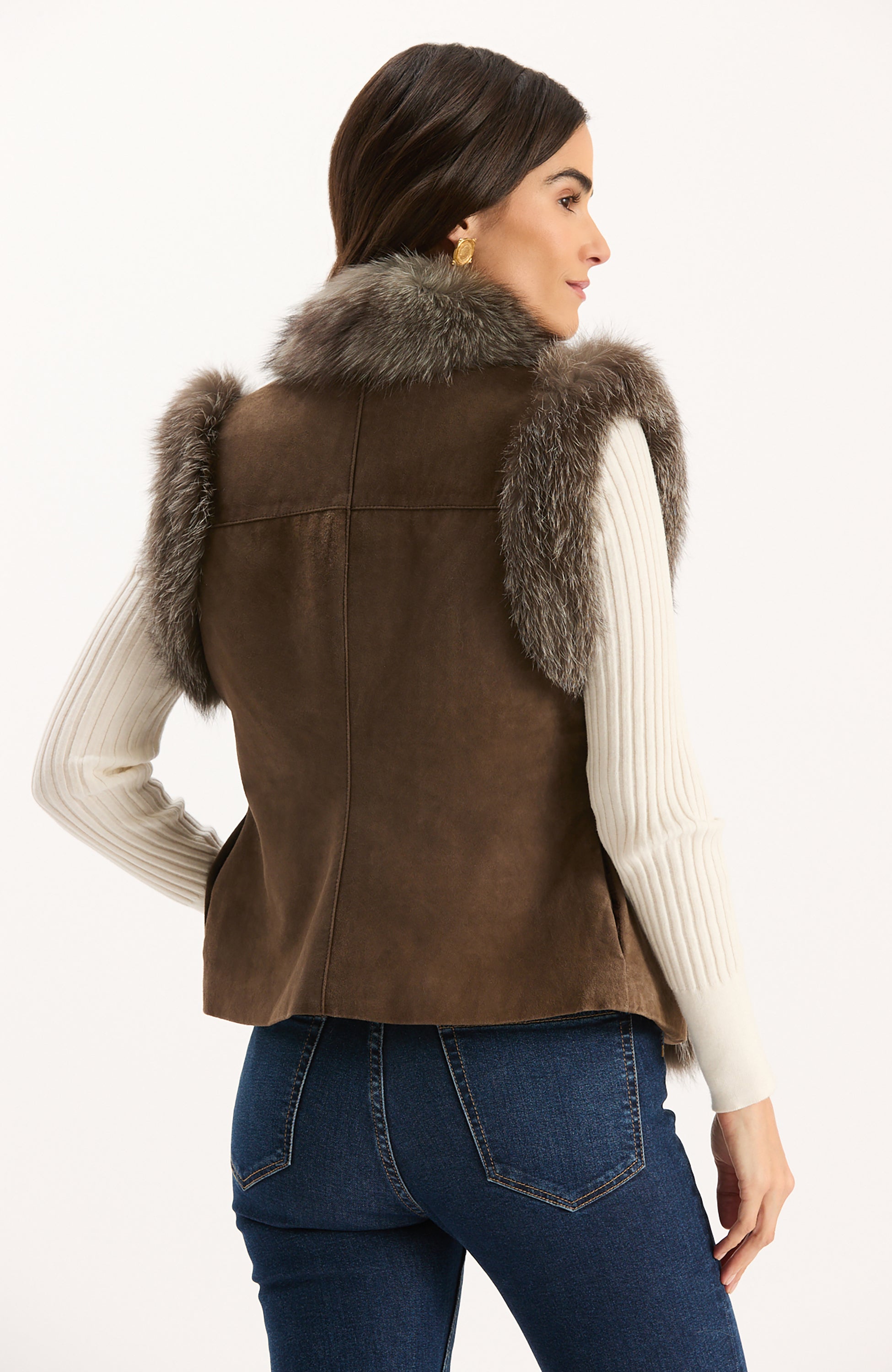 TYLER BÖE Foxy Suede Vest with Racoon Trim