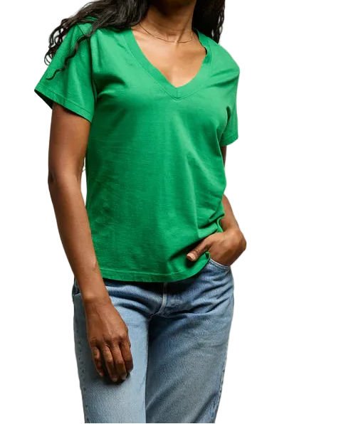 perfectwhitetee cotton short sleeve boxy v neck tee - hendrix - grass