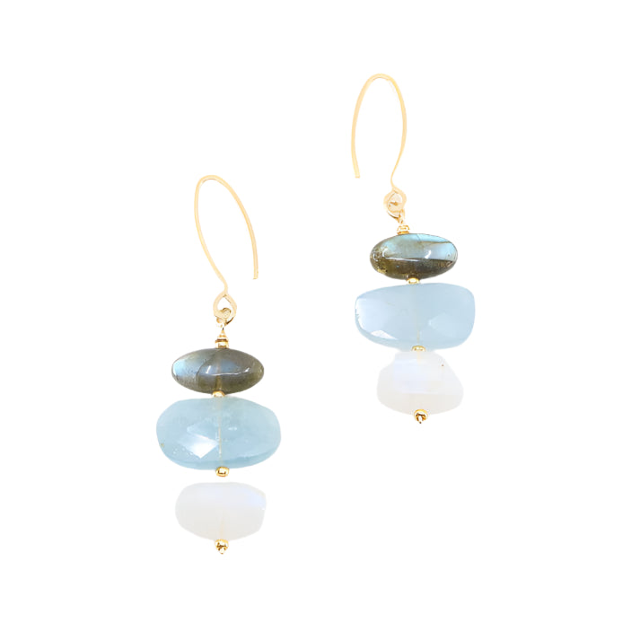 J. Mills Stacked Labrodite, Milky Aquamarine and Rainbow Moonstone Earrings
