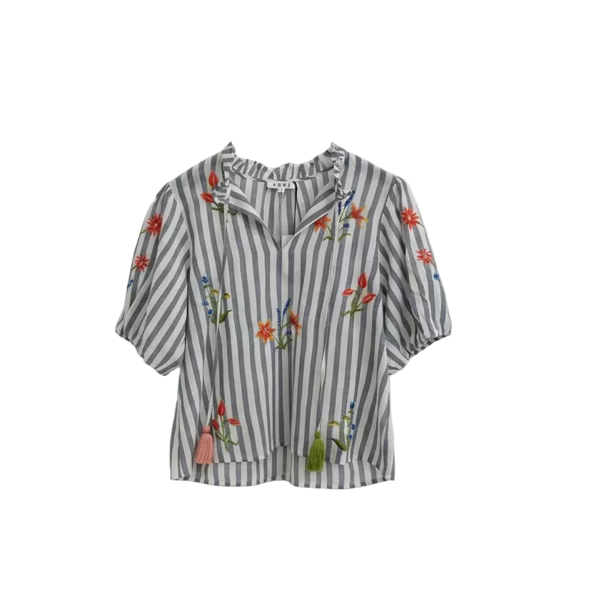 Striped Top with Floral Embroidery
