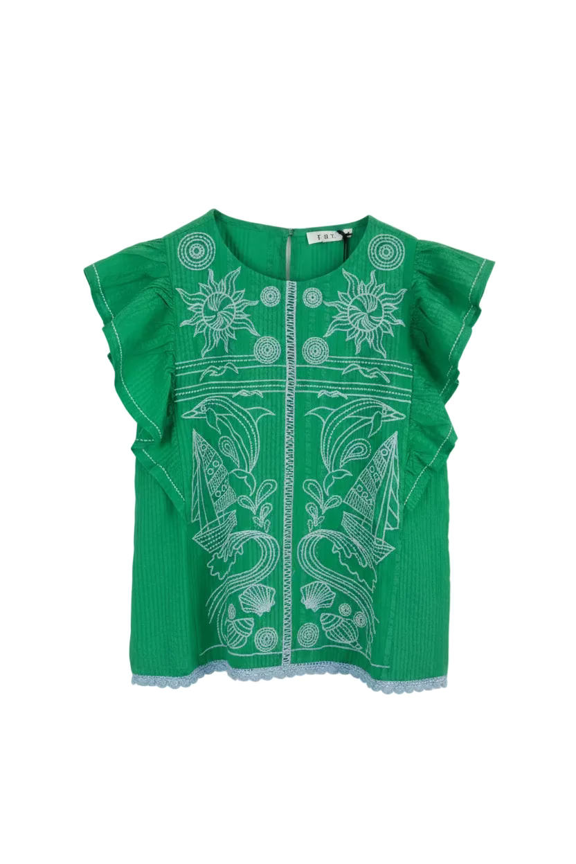 Ruffle Sleeve Embroidery Top - Green