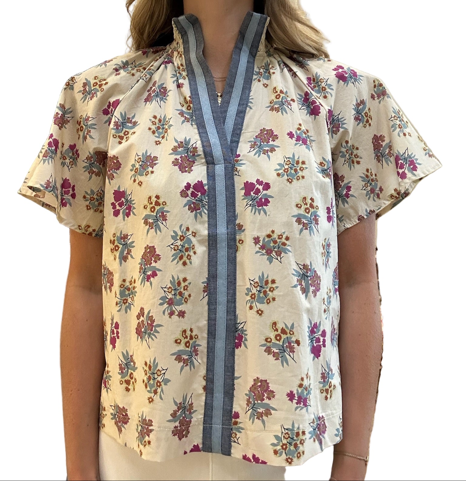 Flower Print Short Sleeve Top - Cream