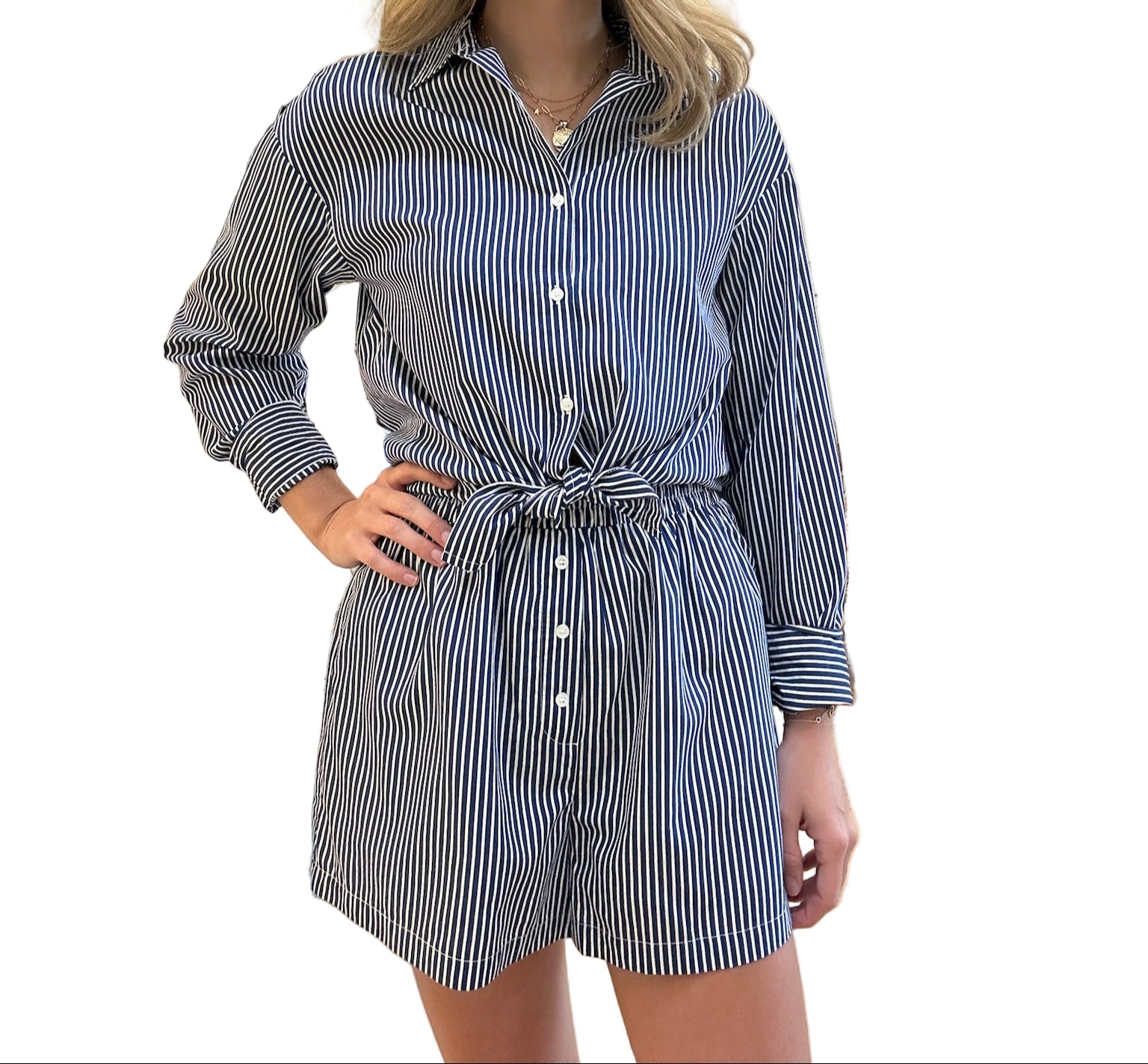 Striped Button Up Shirt & Shorts Set - Navy