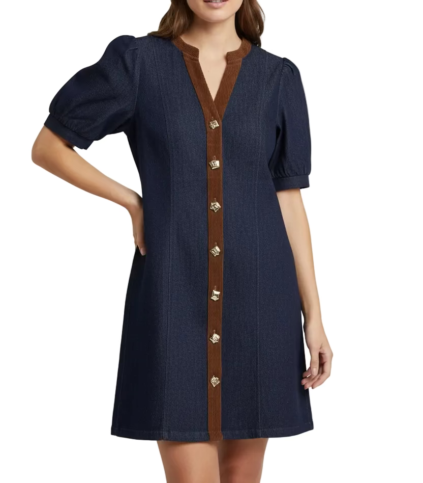 Corduroy and Denim Gold Button Dress