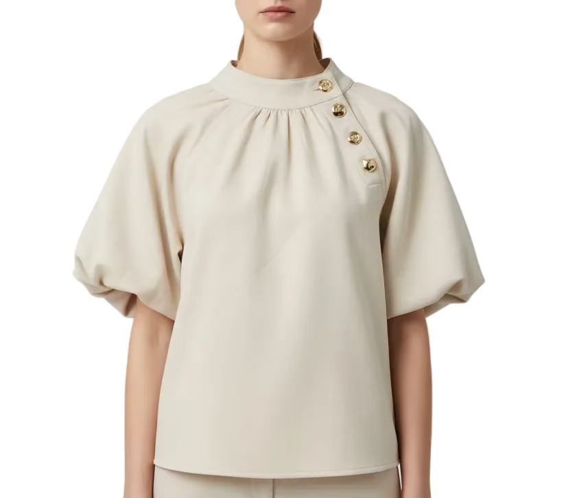 Puff Sleeve Solid Top with Gold Details