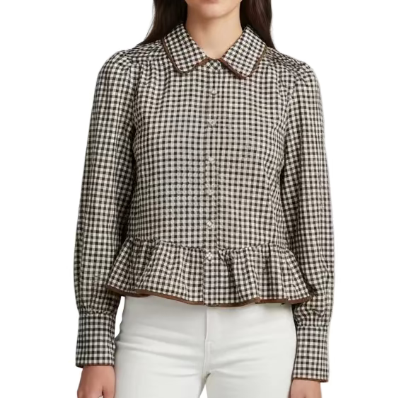 Long Sleeve Gingham Pattern Collared Top | Brown