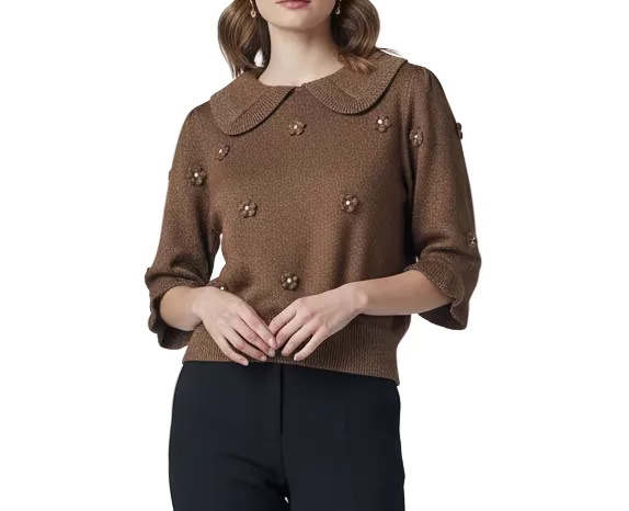 Collared Floral Embroidery Button Sweater