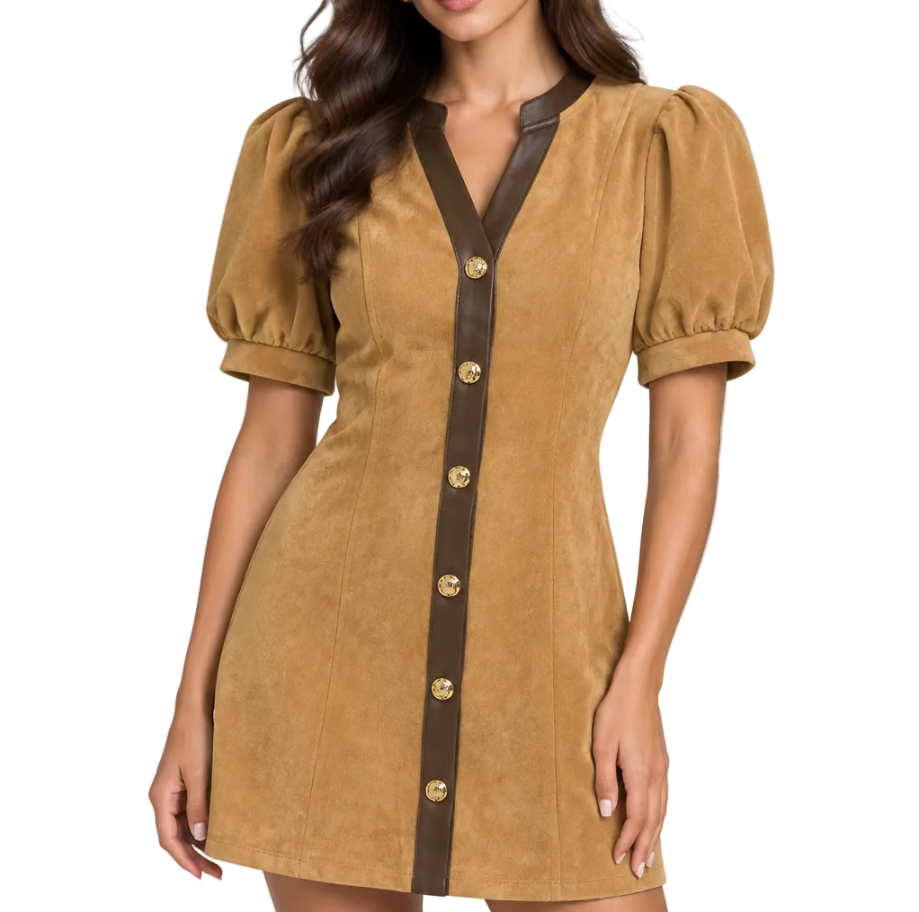 Suede Short Dress with Gold Buttons