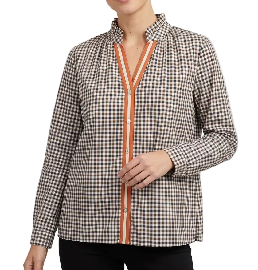 Long Sleeve Gingham  Top | Brown