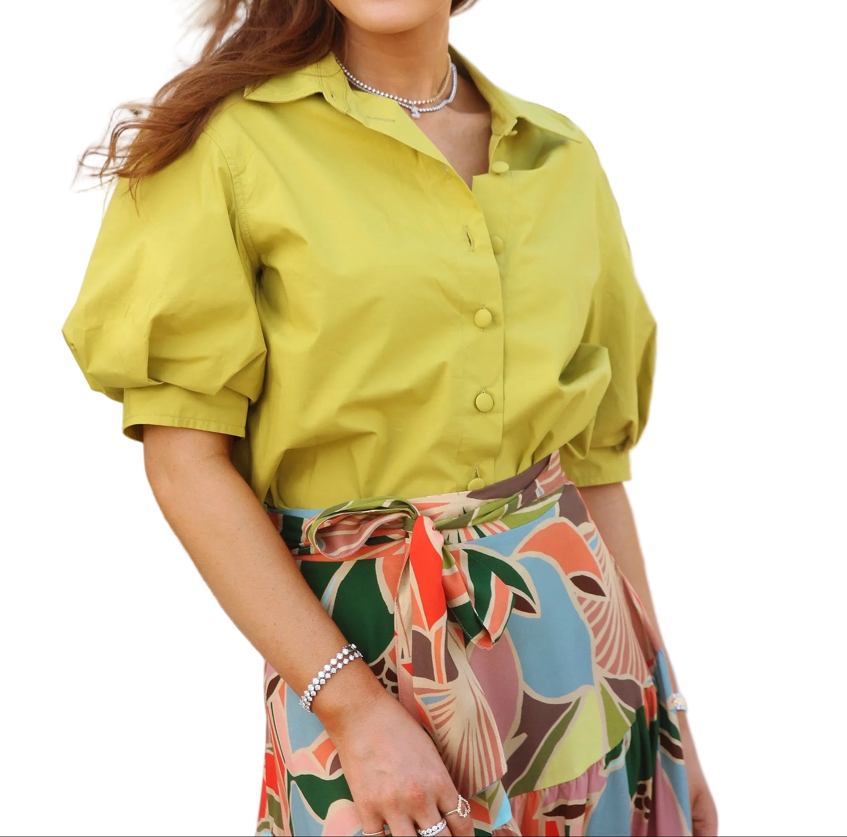 Karlie Solid Poplin  Puff Sleeve Top | Citron