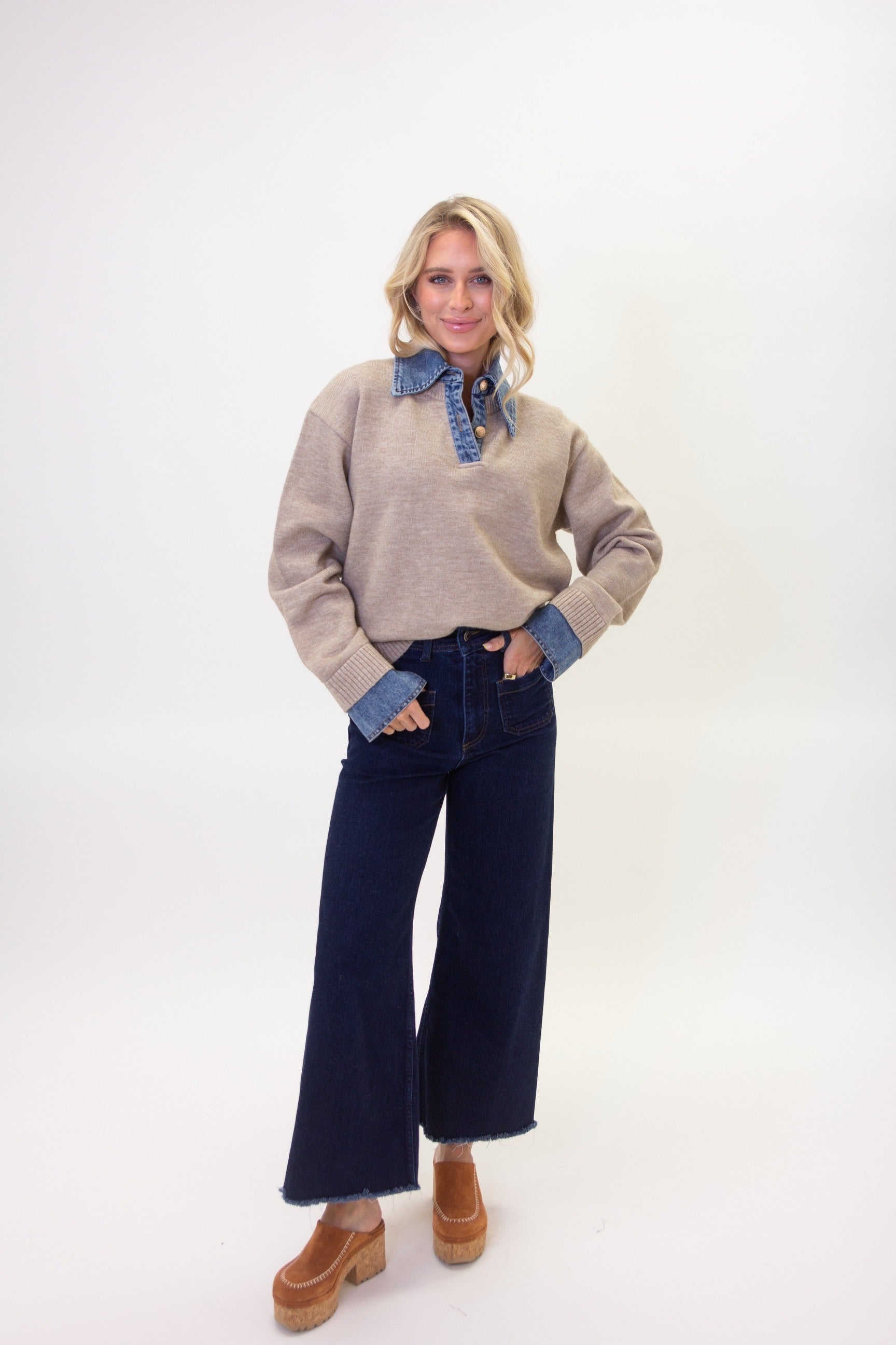 Karlie Denim Collar Novelty Sweater | Oatmeal