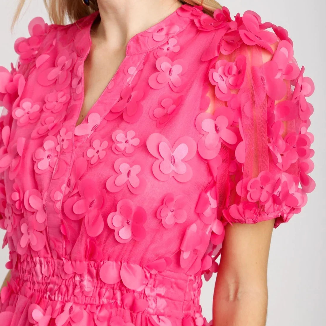 Organza Split Neck Dress - Hot Pink