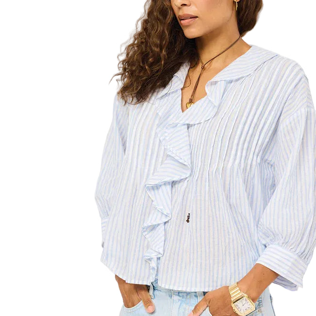 Kerri Rosenthal Rosen Stripe Blouse - White-Solvang Blue