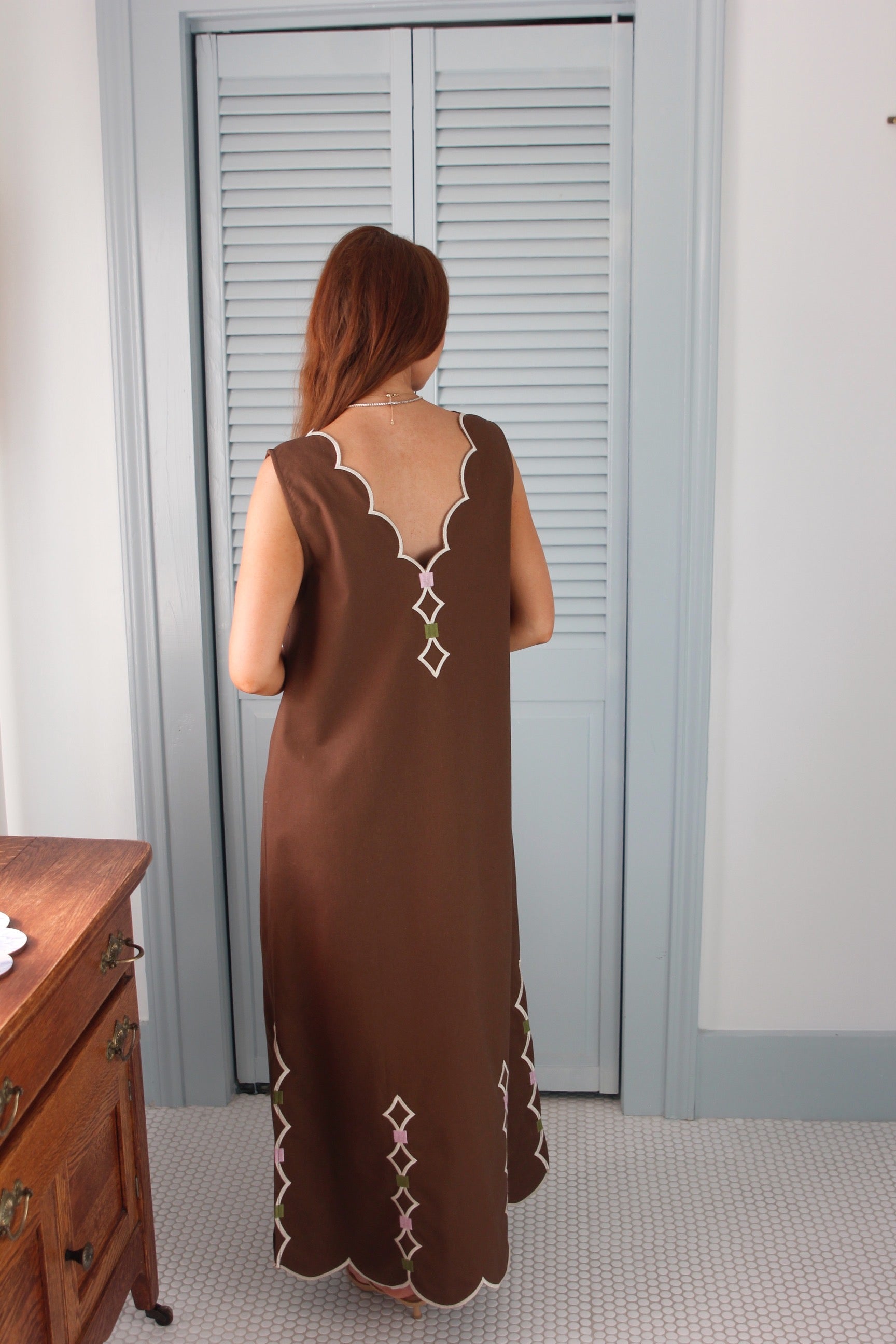 Solid Double Vneck Emb Scallop Dress | Brown