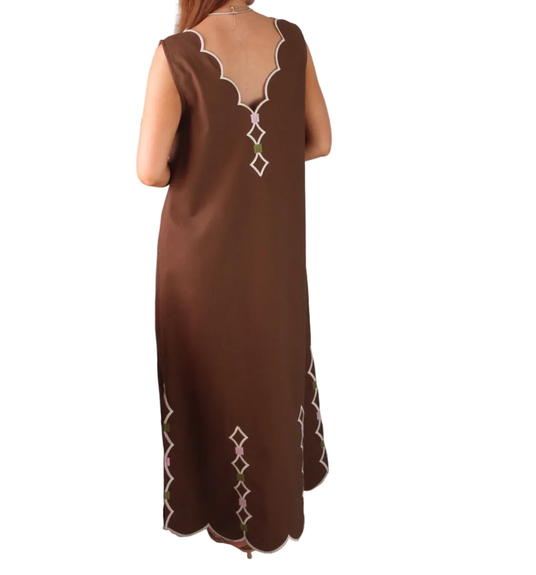 Solid Double Vneck Emb Scallop Dress | Brown