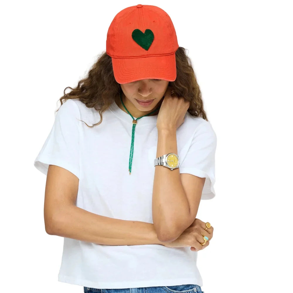 Kerri Rosenthal Imperfect Velvet Heart Hat | Tomato/Army Green