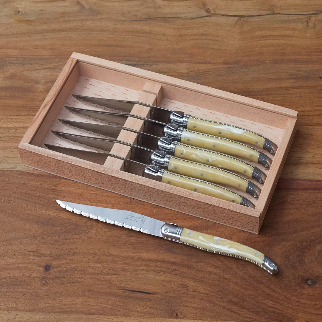 Laguiole 6 Piece Steak Knife Set, Platine Pale Horn in Wood Presentation Box